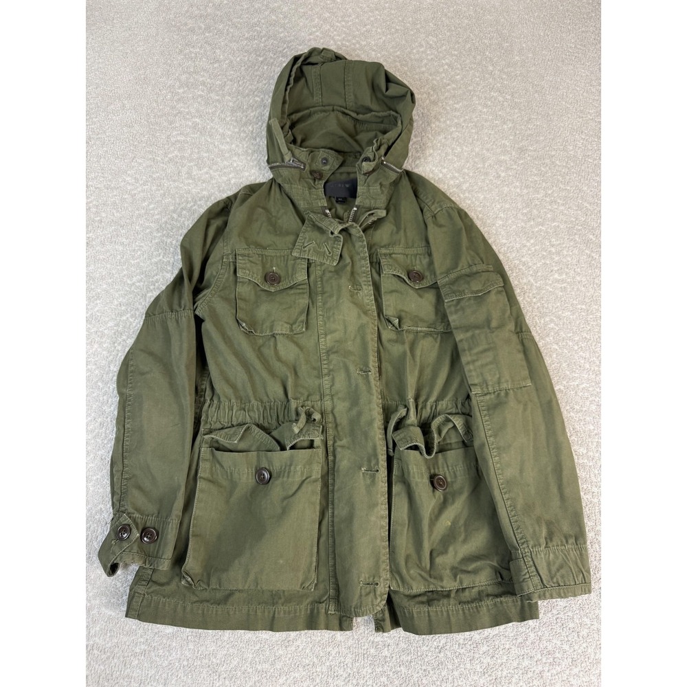 J Crew Jacket Womens Petite Medium Green Cotton Hooded Anorak Full Zip Pockets